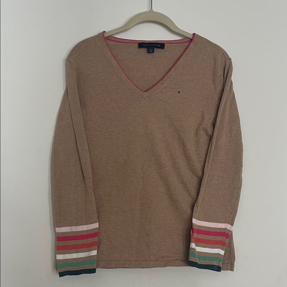 Tommy Hilfiger Tan Long Sleeve Top with Multicolor Stripes